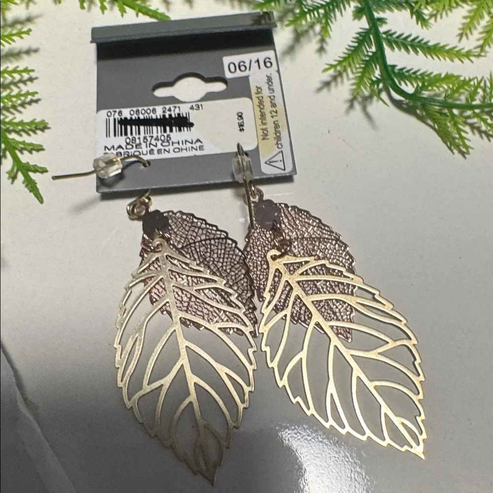 Express Rose Gold and Gold Layered Leaf Dangle Earrings (BR555( - Picture 6 of 7